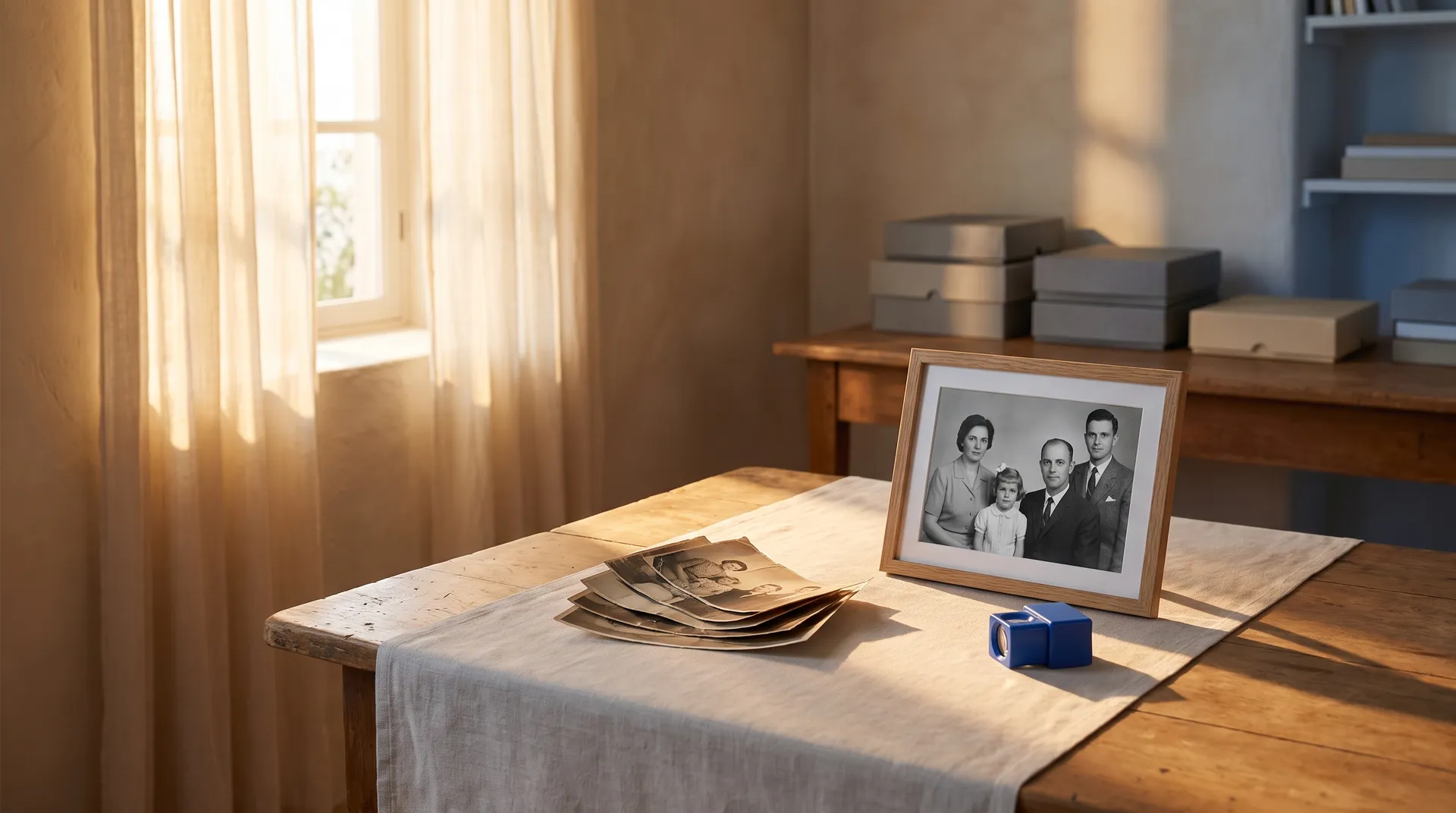 Faded old photos on linen beside a framed restored black-and-white family portrait and a small blue loupe, featured image for photo restoration and headshots in ChatGPT, generated on getimg.ai