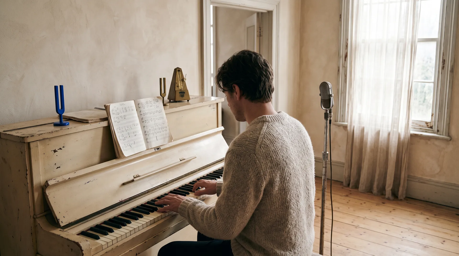 Musician in a knit sweater playing a cream upright piano with a blue tuning fork, metronome, and vintage microphone, featured image for making music in ChatGPT with getimg.ai, generated on getimg.ai