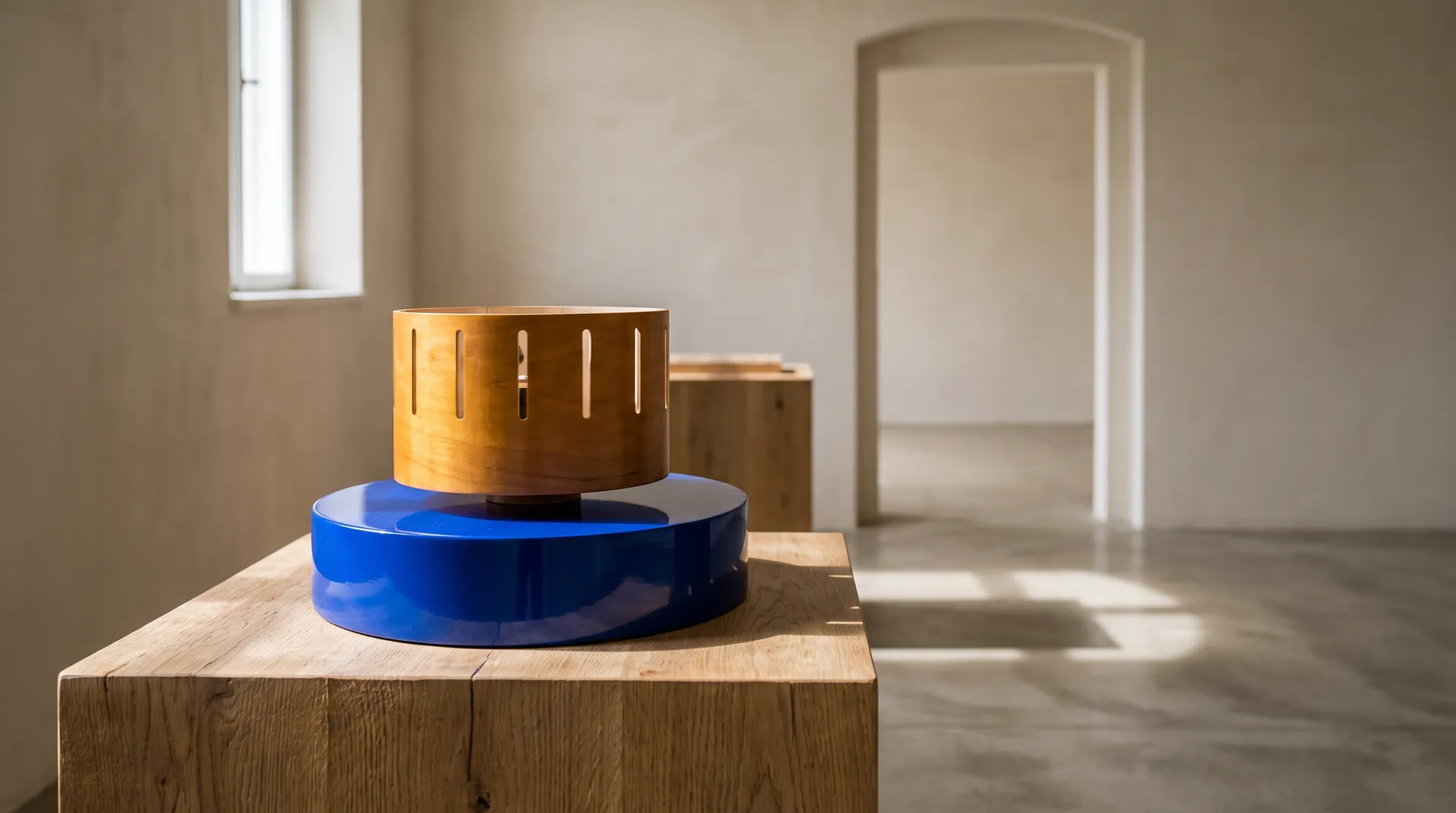Wooden zoetrope on a glossy blue base atop an oak plinth in a sunlit gallery, featured image for making videos in ChatGPT with getimg.ai, generated on getimg.ai