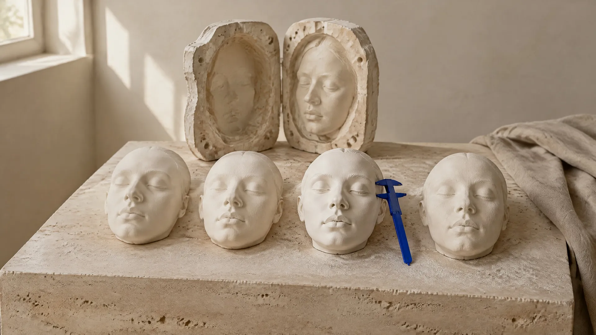 An open plaster face mold on a travertine plinth with four nearly identical plaster face casts in front of it and a blue caliper measuring one cast, a metaphor for testing which AI image model stays most consistent to one reference image, featured image for a Nano Banana 2.1, Seedream 5.0 Pro, FLUX 3 and GPT Image 2.5 Flare consistency test, generated on getimg.ai with GPT Image 2.5 Flare