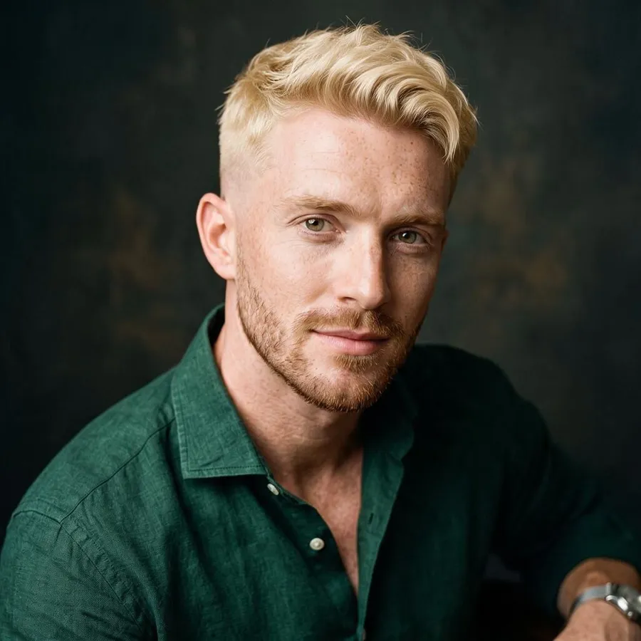 portrait photo of a man in a green shirt with platinum blonde straight hair and a fade, hairstyle changed using getimg.ai