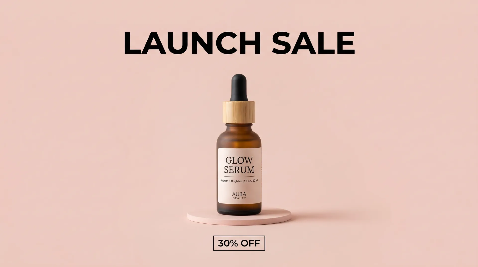 Product launch sale banner with a serum bottle
