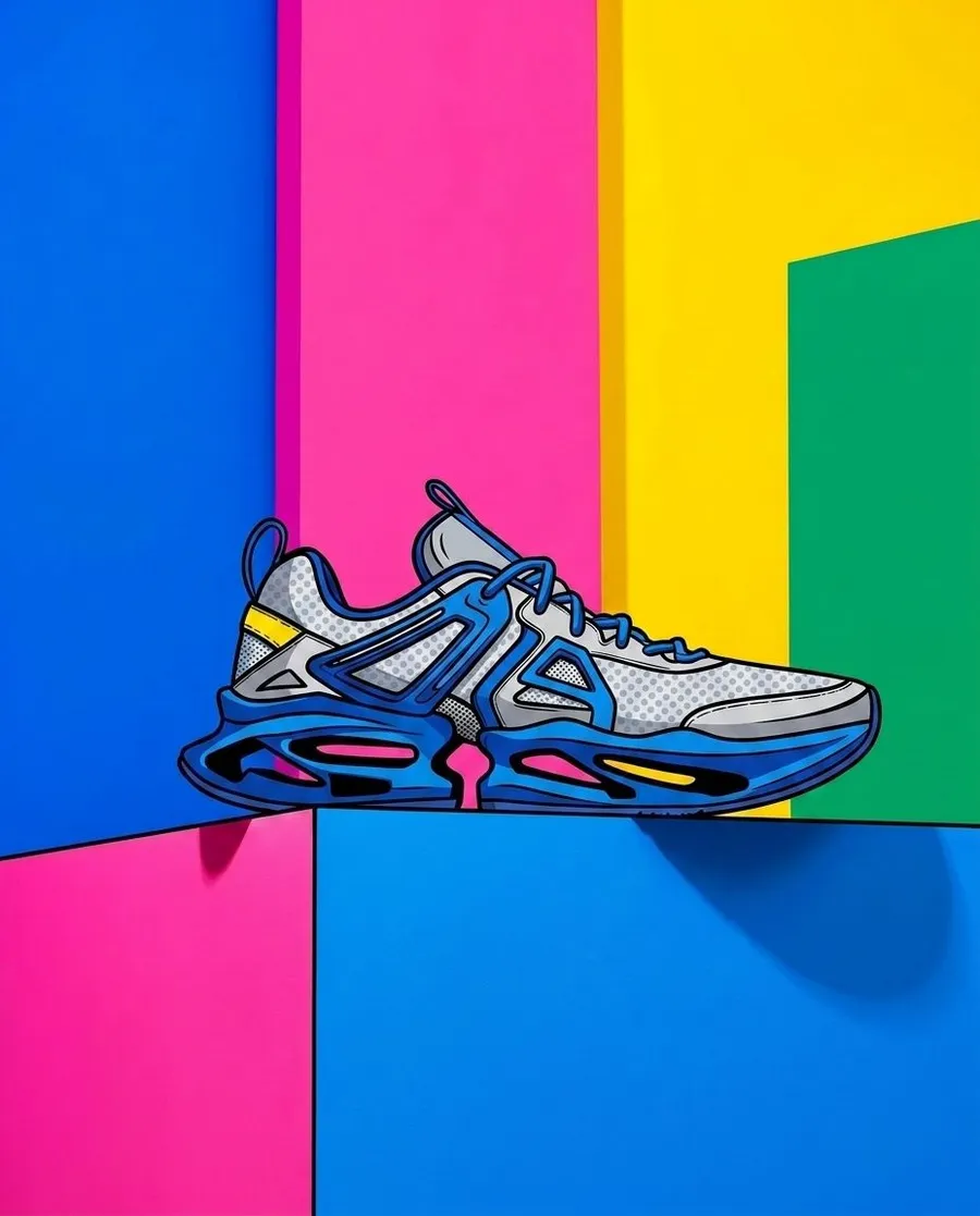 silver and blue sneaker on a colorful multi-part background, transformed from a photo into a pop-art illustration using getimg.ai's image to image feature
