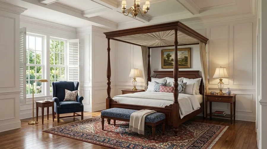 photo of an elegant bedroom in a traditional colonial style, transformed from a sketch into a photorealistic rendering using getimg.ai's image to image feature