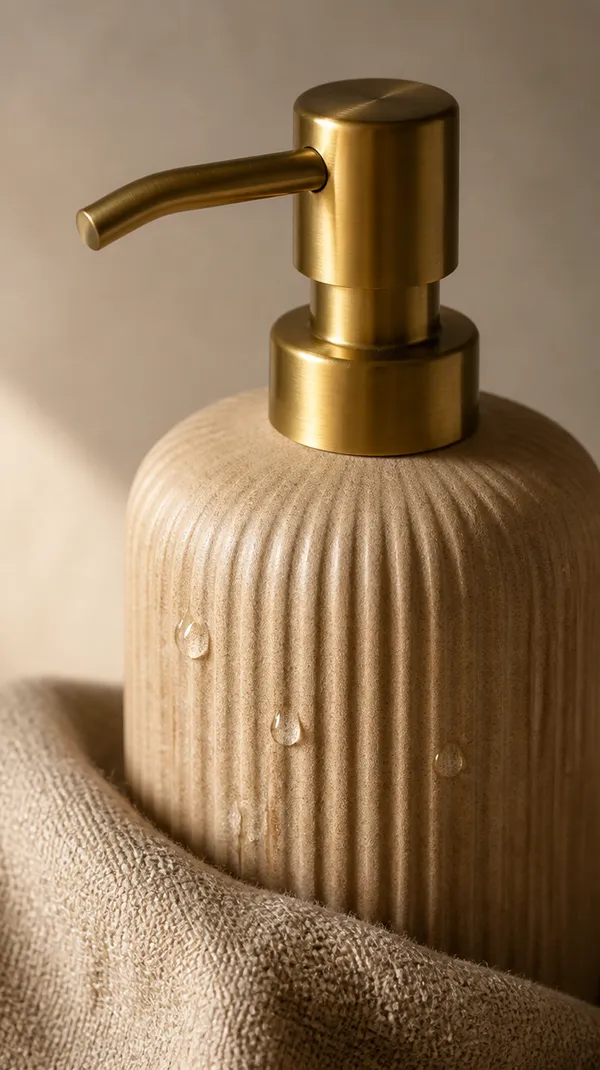 Close-up product image of a beige ribbed ceramic soap dispenser, focusing on its brushed brass pump, textured ceramic surface, and water droplets, with soft neutral fabric in the foreground. Generated as a new close-up variation from the original product image using Image to Image on getimg.ai.