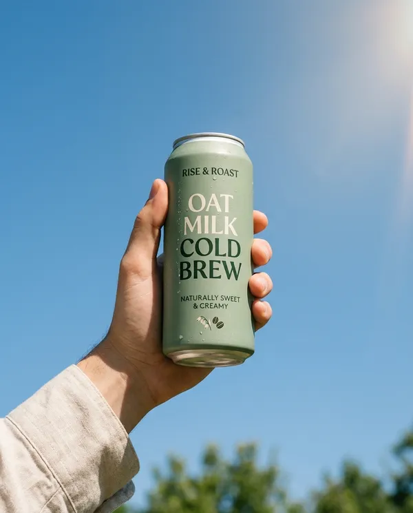 Hand holding a cold brew can against a blue sky