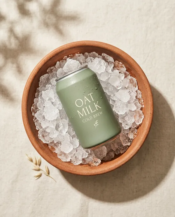 Cold brew can in crushed ice, seen from above
