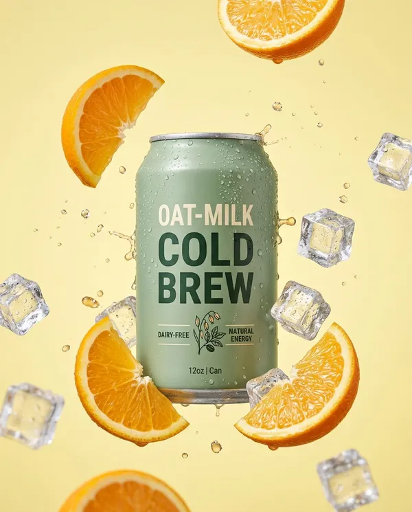 Cold brew can with orange slices and ice on a yellow backdrop