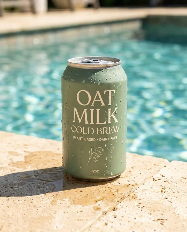 Sage-green oat-milk cold brew can on a sunlit pool edge