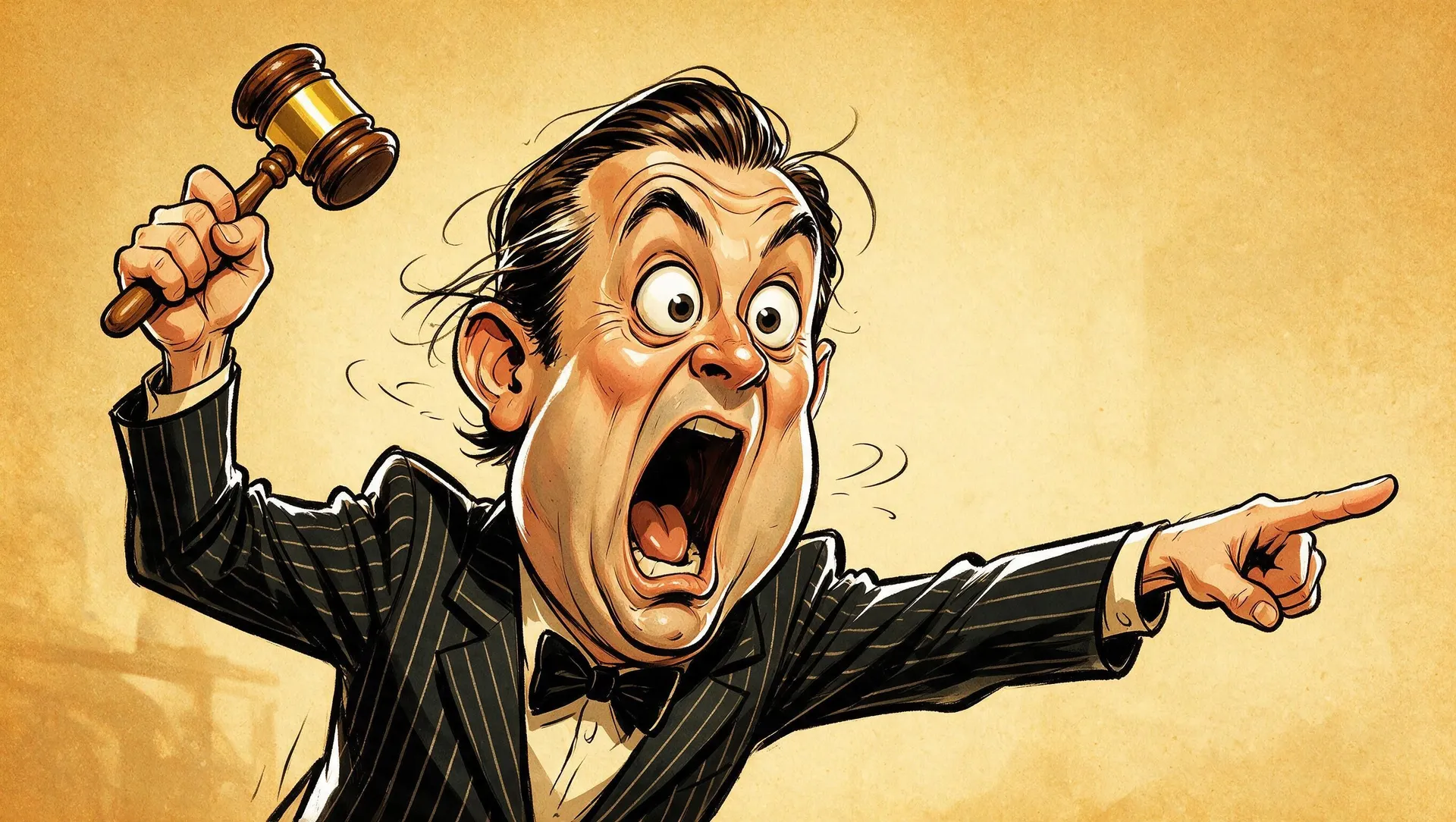Caricature of an animated auctioneer in a pinstripe suit shouting and pointing as he raises his gavel, generated on getimg.ai