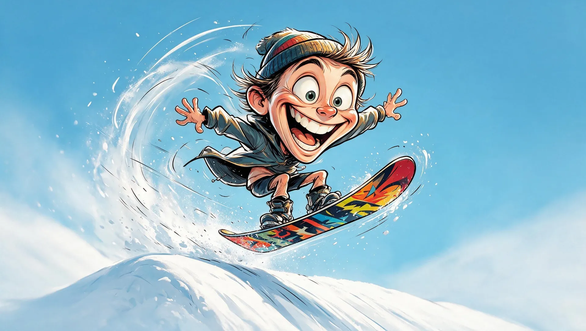 Cartoon caricature of a gleeful snowboarder in a beanie leaping off a snowy slope, created with getimg.ai