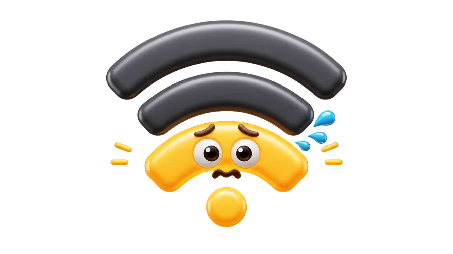 Custom emoji of a yellow Wi-Fi signal symbol with a worried face and nervous sweat drops, in a glossy 3D style. A weak-connection or buffering reaction emoji generated with getimg.ai's AI emoji maker.