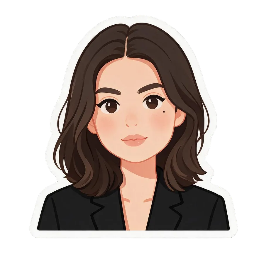 The same woman redrawn as a die-cut AI sticker in a soft anime cartoon style, generated by the Sticker maker on getimg.ai.