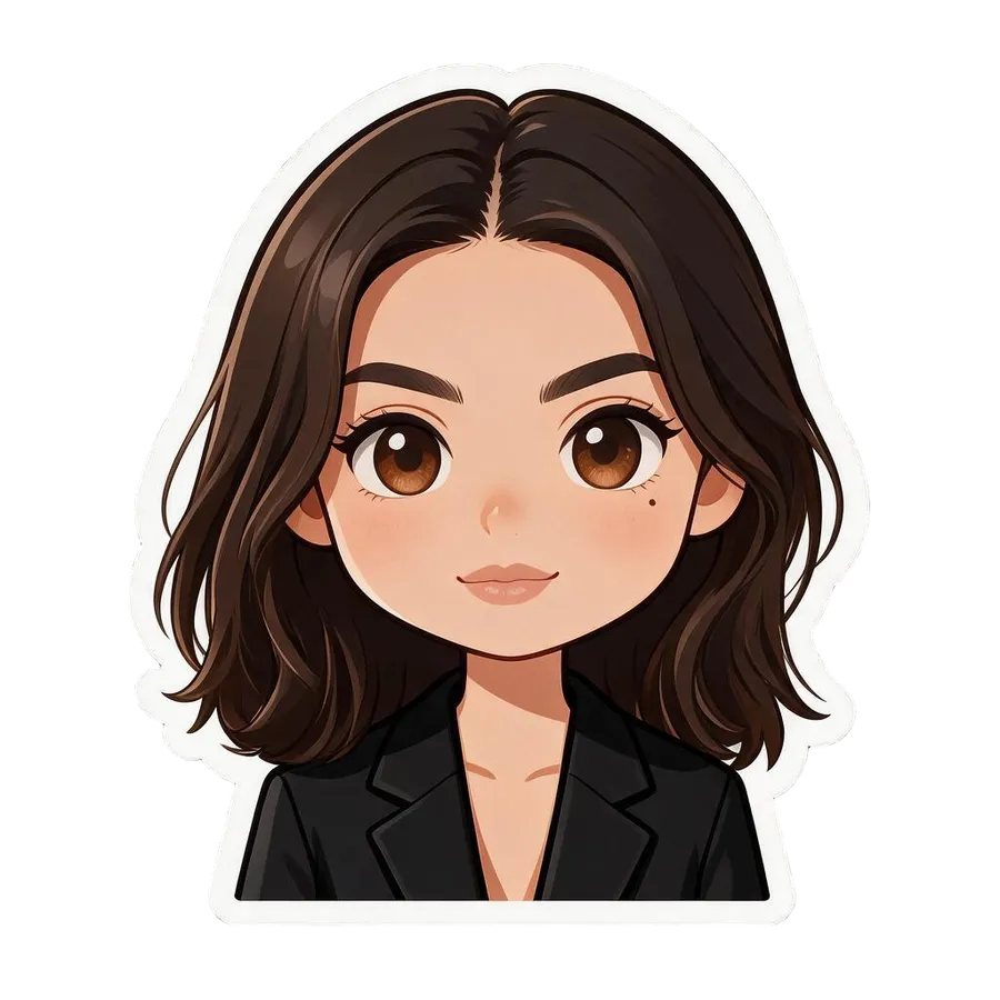 The same woman redrawn as a die-cut AI sticker in a cute chibi style with big eyes, generated by the Sticker maker on getimg.ai.