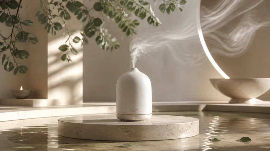 a ceramic aroma diffuser sits in the center of a serene spa-like environment made of warm stone, shallow water, and smooth sculptural forms, thin streams of fragrant vapor rise from the diffuser and transform into abstract flowing ribbons that drift through the space, eucalyptus branches hang overhead and reflections shimmer softly on the wet stone floor, premium home-fragrance aesthetic, calm composition, soft natural light, tactile textures, realistic e-commerce product shot generated on getimg.ai