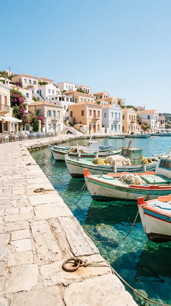 Sunny Mediterranean harbor with pastel houses and colorful fishing boats, generated on getimg.ai and used as a location reference to change a video background
