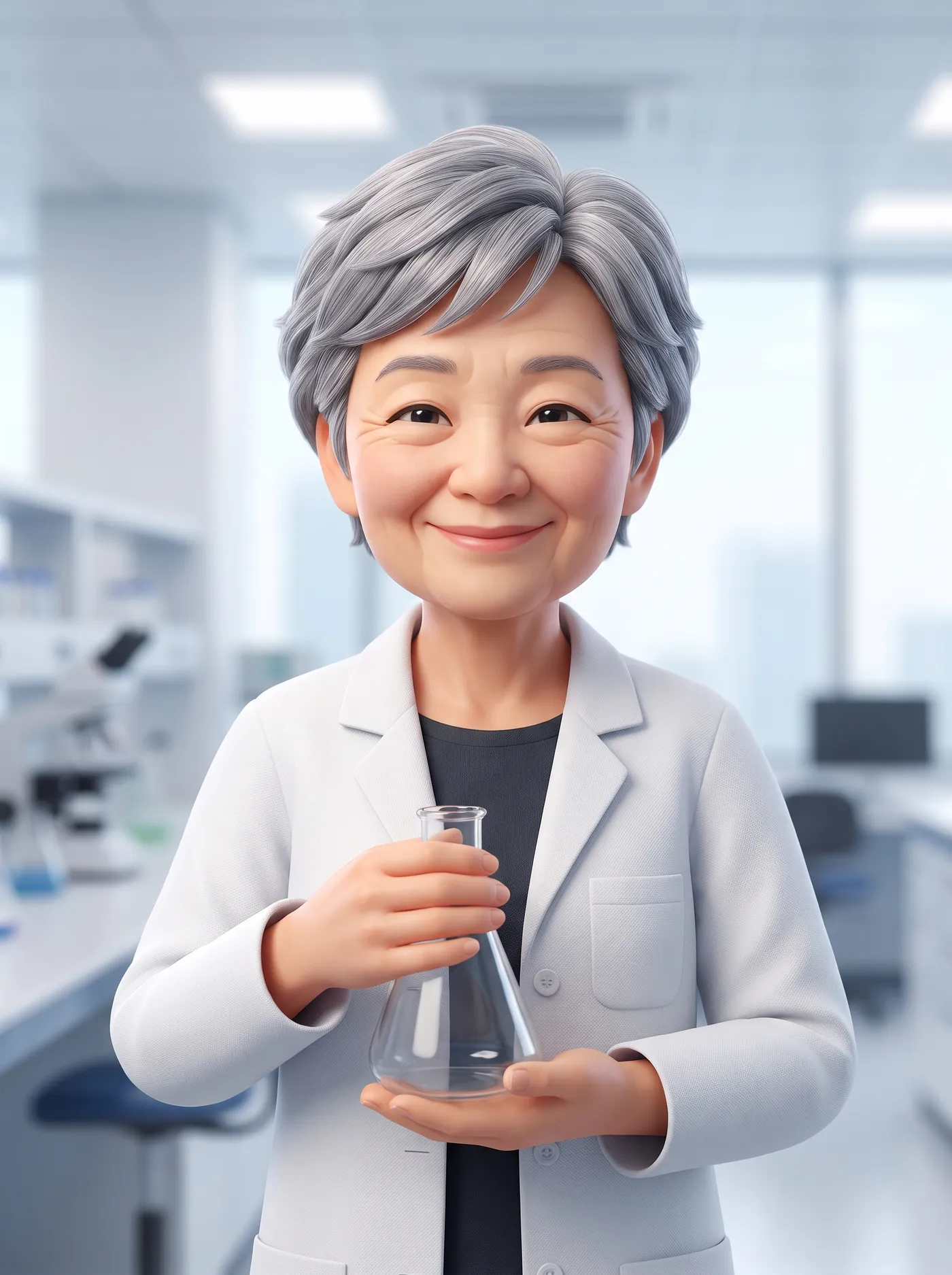 3D-rendered original character: a smiling senior scientist with short grey hair in a lab coat holding a flask, made with the Character creator on getimg.ai