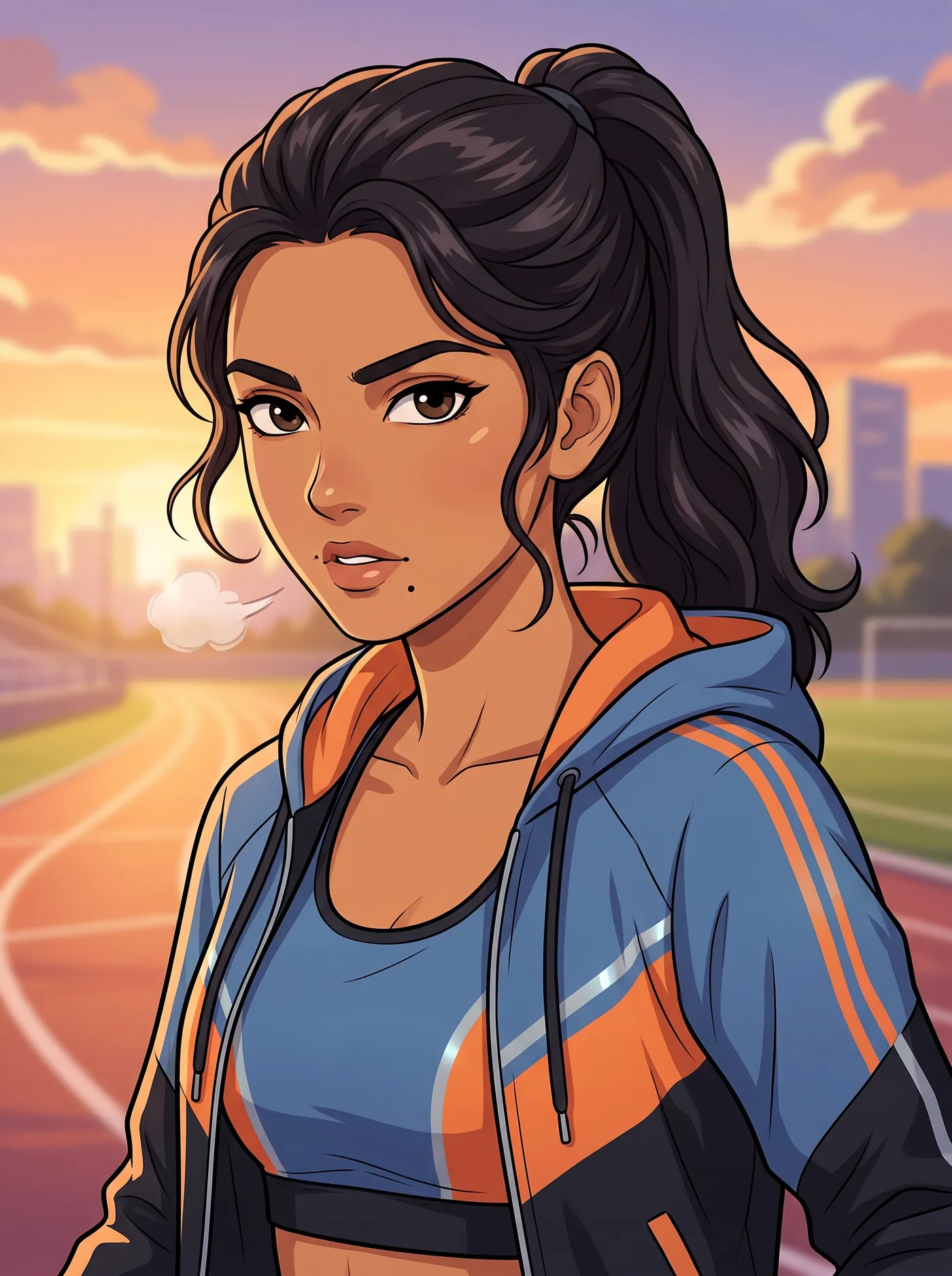 Anime-style original character: a young sprinter with a black ponytail in a track jacket at sunrise, made with the Character creator on getimg.ai