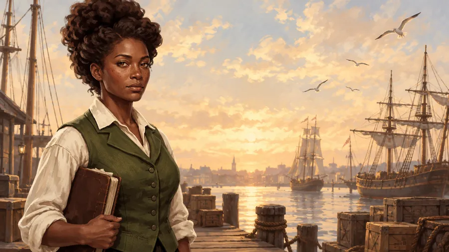 Painterly book-cover scene of an original character, a 19th-century harbour merchant on a dock with sailing ships, made on getimg.ai