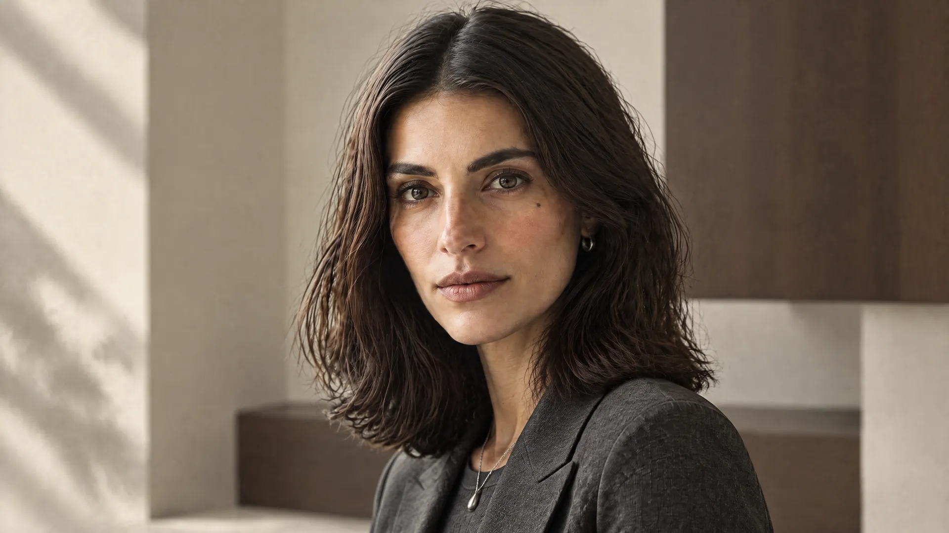 An AI-generated three-quarter portrait of Mara in charcoal tailoring inside a warm minimalist interior, a Round 1 identity-control pose with a small silver earring and necklace; created on getimg.ai.