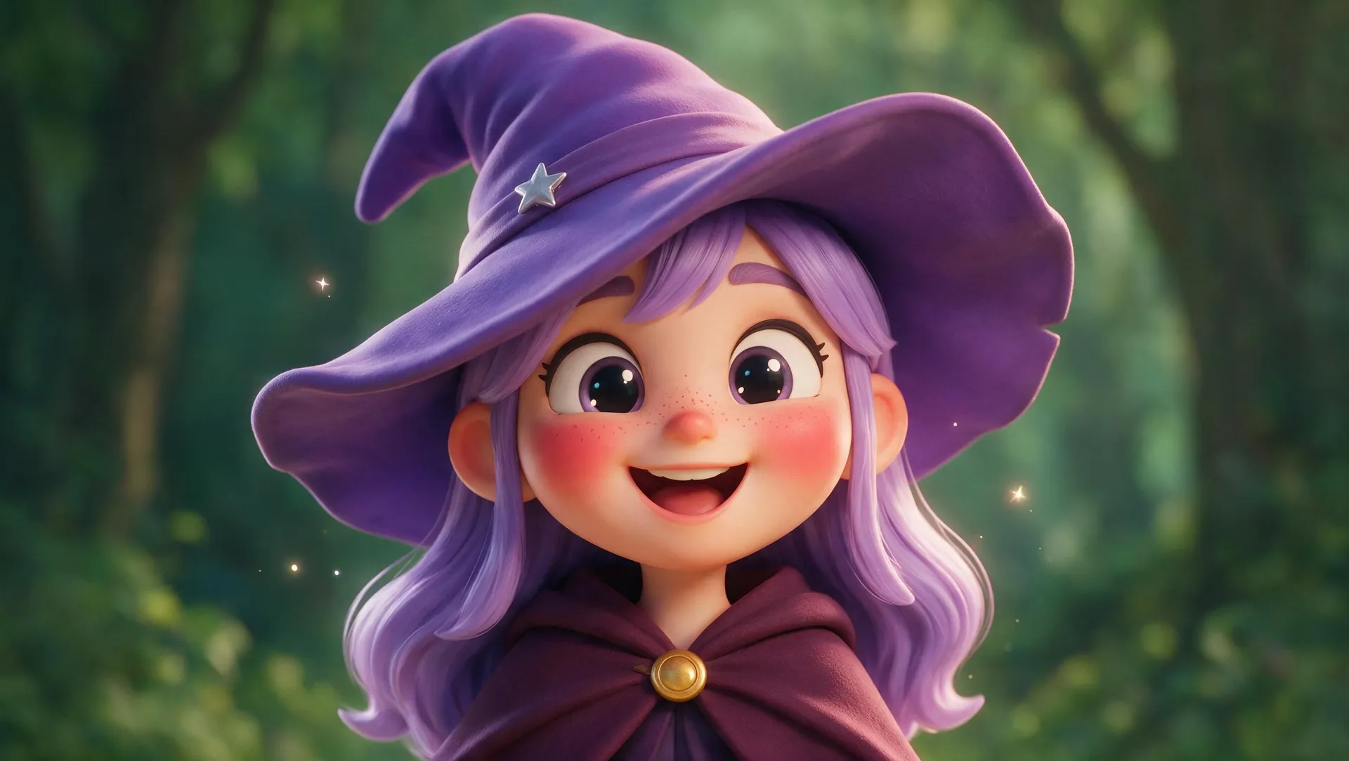 Cute 3D avatar of a smiling young witch with lavender hair and a big purple hat, generated on getimg.ai