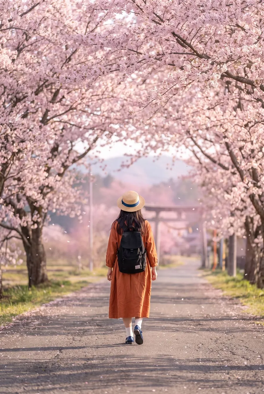 Before AI relighting: a woman in an orange dress and straw hat walking away down a tunnel of pink cherry blossom trees toward a distant torii gate, under flat, even daytime light. Example input for the Relight Action on getimg.ai.