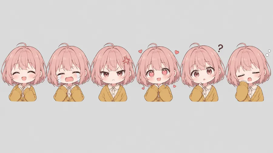 One chibi character shown in six expressions: happy, crying, angry, in love, confused and sleepy
