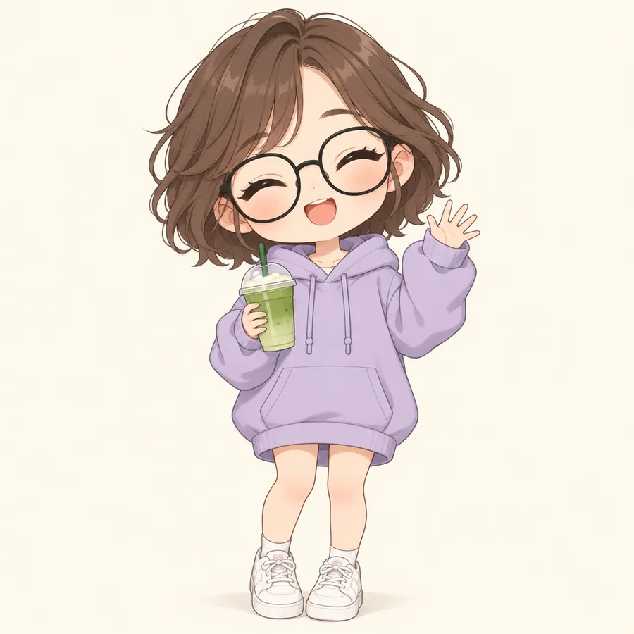 Full-body chibi girl with brown hair, round glasses and an oversized lavender hoodie, waving