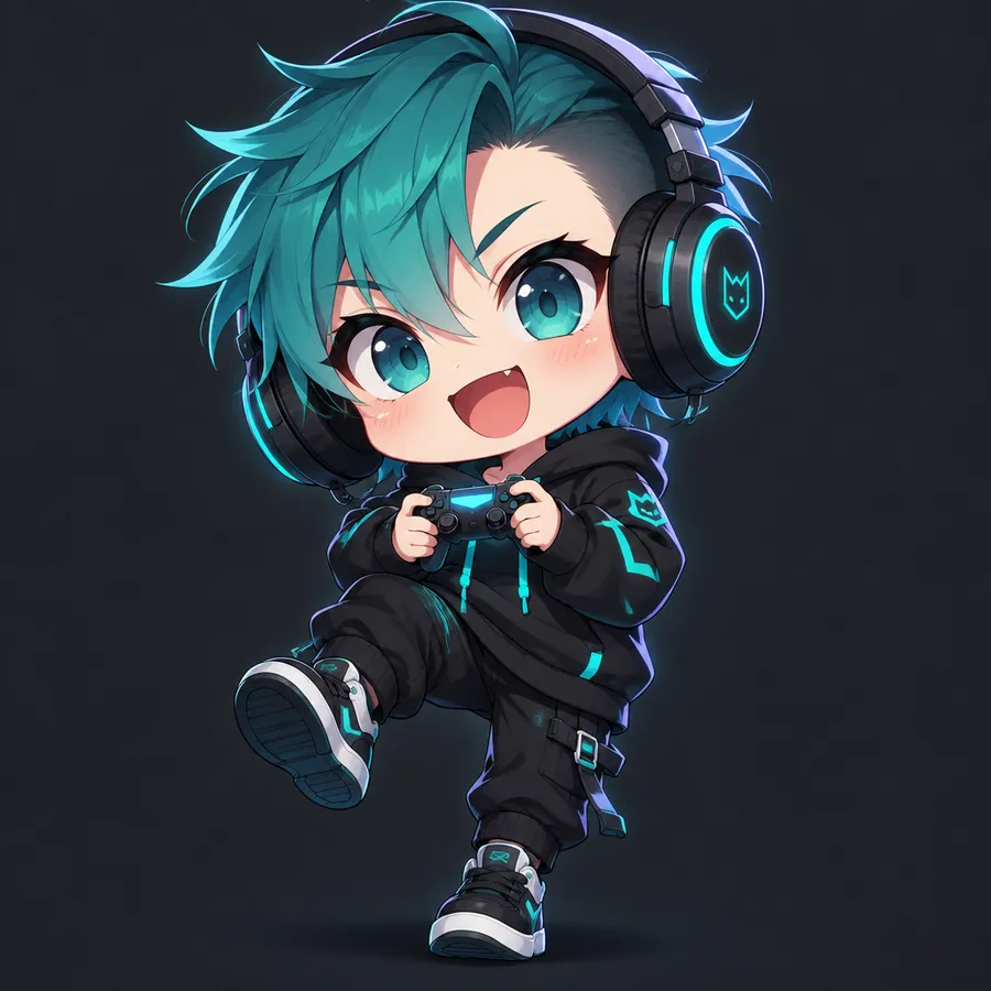 Chibi gamer avatar with teal hair, headphones and a game controller, mid-step