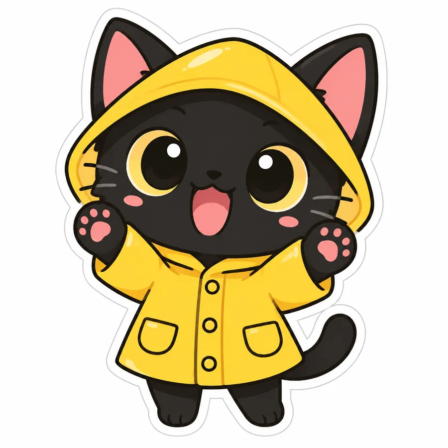 Chibi black cat character in a yellow raincoat with a thick white sticker outline