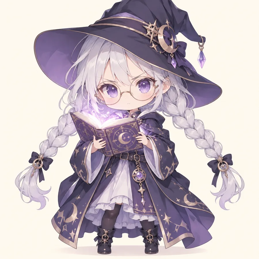 Fantasy chibi mage with silver braids, purple hat and a glowing spellbook