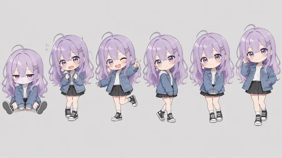 Row of six chibi versions of one character varying in pose, expression and framing