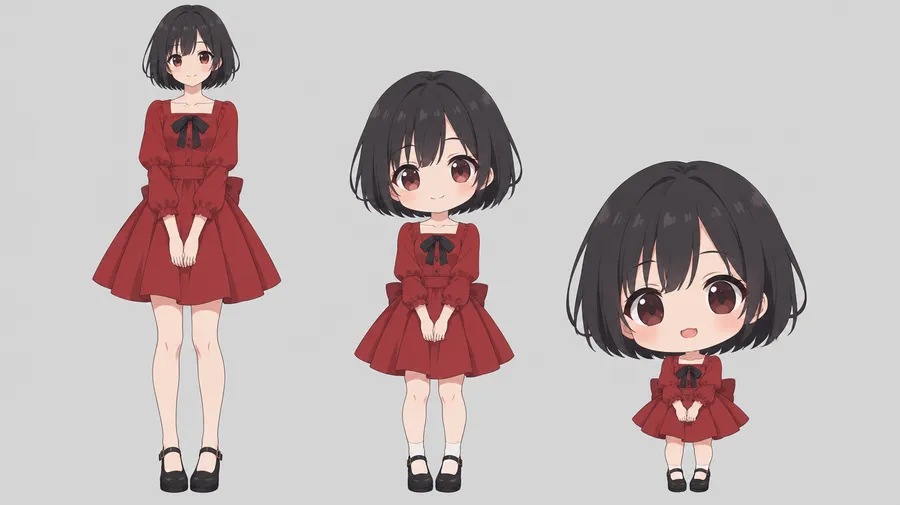 The same character drawn three times with increasingly chibi proportions