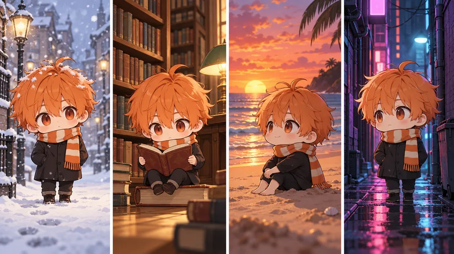 The same chibi character with orange hair shown across four different scenes