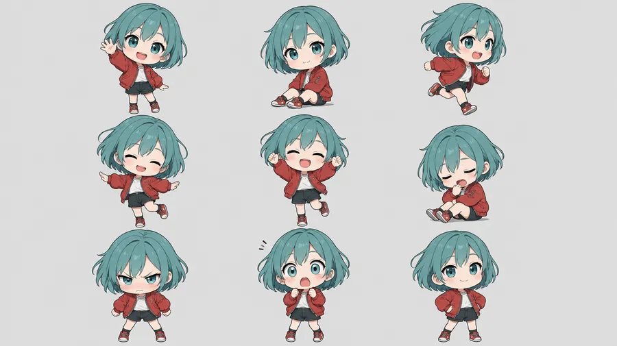 Grid of nine chibi variants of one character in different poses and expressions