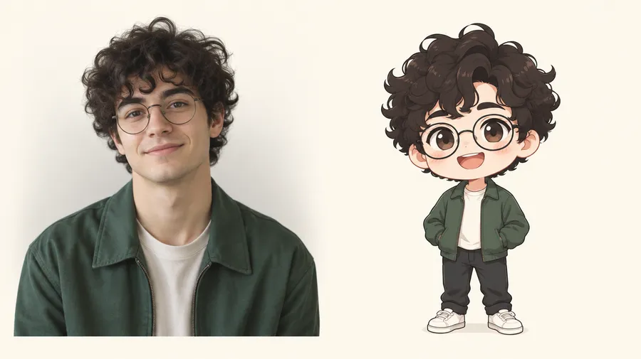 Photo of a man with curly hair and round glasses next to the same man as a chibi character