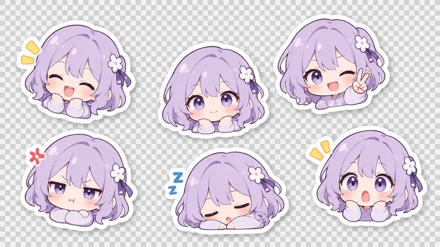 Six die-cut chibi stickers of one character with white borders on a transparency pattern