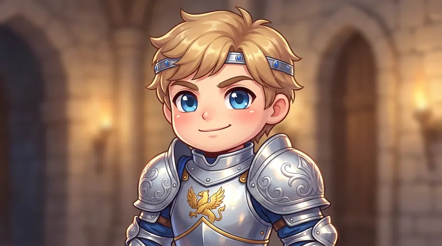 Chibi avatar of a young blond knight in gleaming silver-and-blue armor with a griffin crest, created with getimg.ai