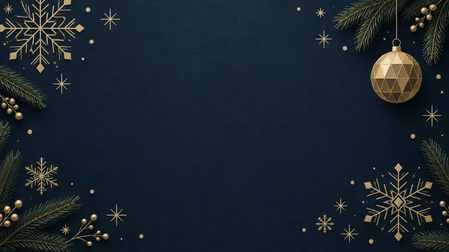 Dark navy holiday card with gold snowflakes, evergreen sprigs and a hanging geometric gold ornament.