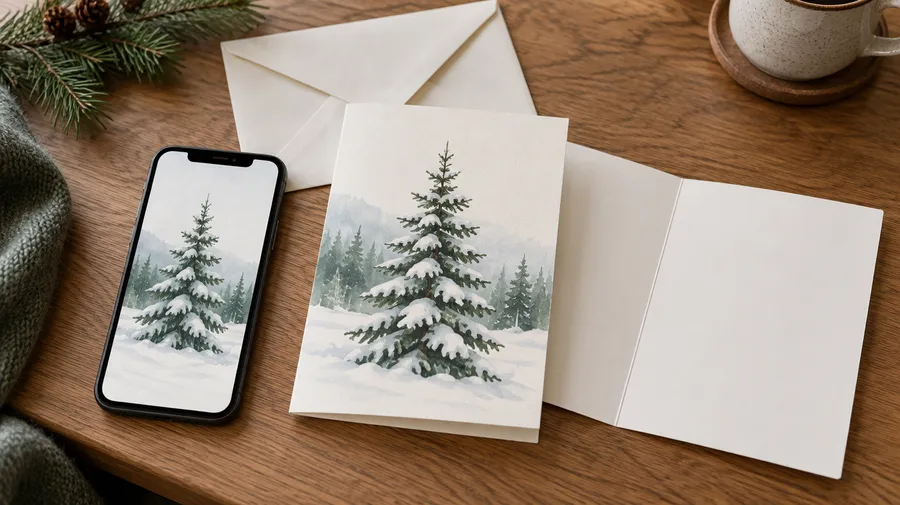 Phone and paper Christmas cards showing snowy pine trees on a wooden desk beside a cream envelope.