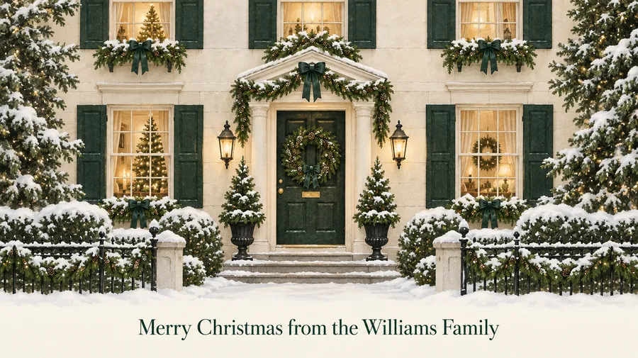 Snowy townhouse with green shutters and the greeting Merry Christmas from the Williams Family below.
