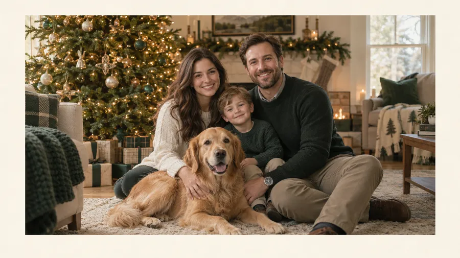 Two parents, a child and a golden retriever sitting beside a decorated Christmas tree in a cream-bordered portrait.