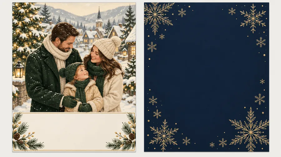 Two card designs: a family in a snowy village and a navy card bordered by gold snowflakes.