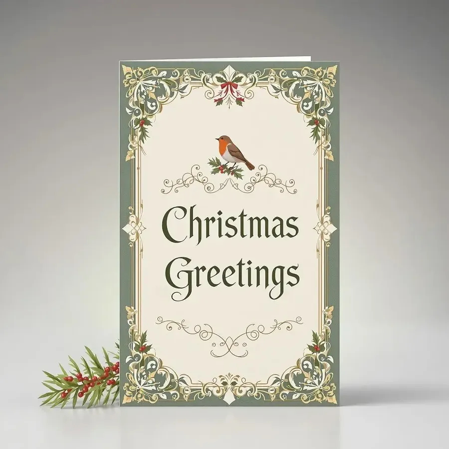 Cream Christmas Greetings card with a robin and ornate green and gold holly border.