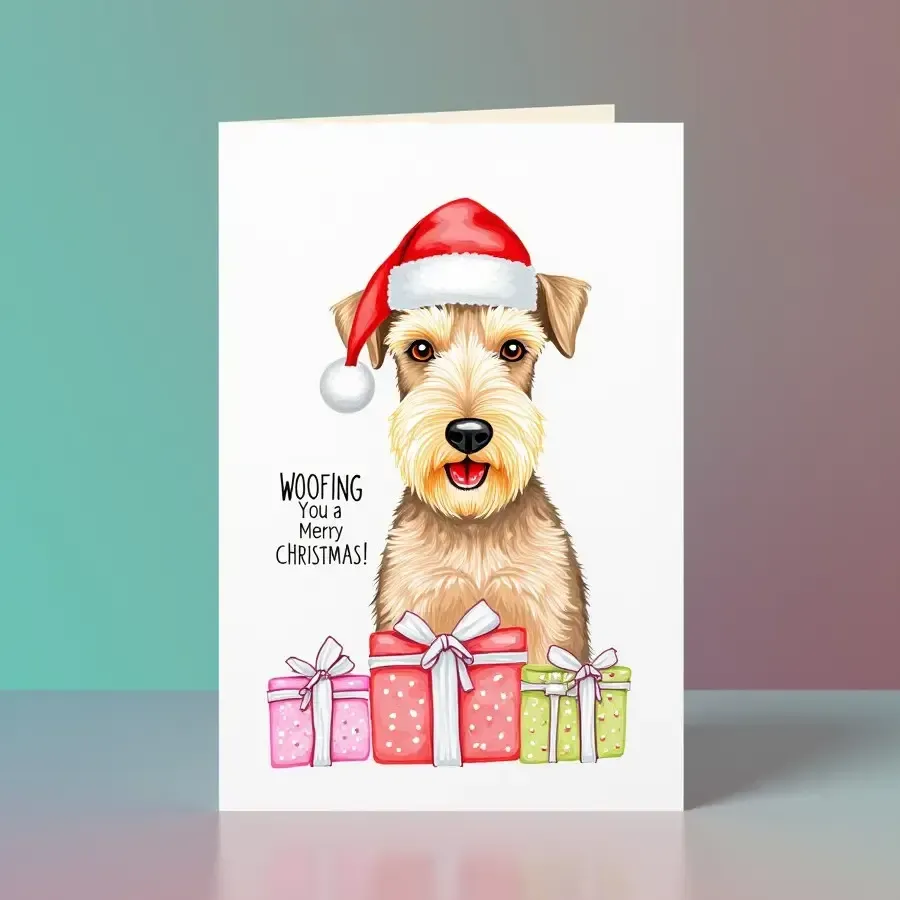 Christmas card showing a dog in a Santa hat above pink, red and green wrapped gifts.