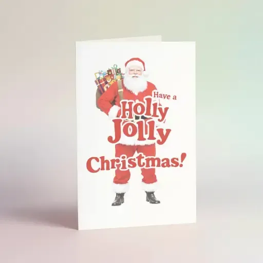 White holiday card with an illustrated Santa and large red Holly Jolly Christmas lettering.