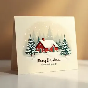 Cream Christmas card with a red cottage, snowy pine trees and a greeting for Grandma and Grandpa.