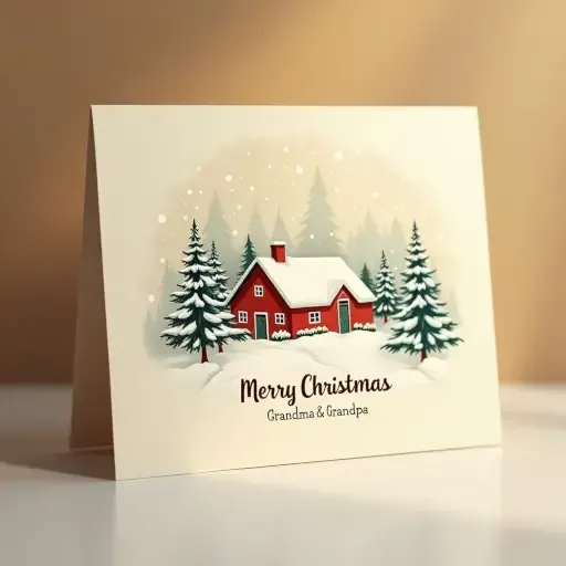 Cream Christmas card with a red cottage, snowy pine trees and a greeting for Grandma and Grandpa.