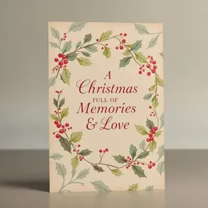 Cream card with a watercolor holly border and red A Christmas Full of Memories and Love lettering.