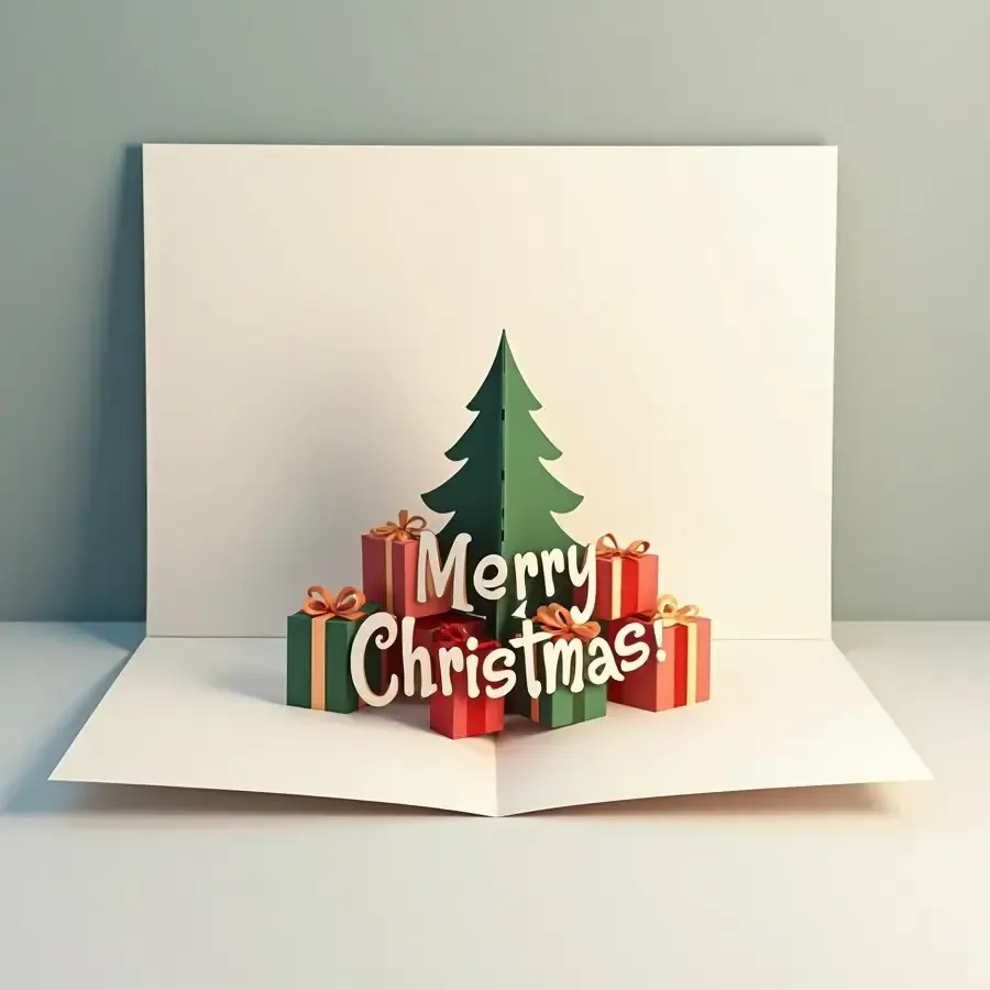 Open pop-up Christmas card with a green tree, wrapped gifts and raised Merry Christmas lettering.
